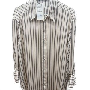 Zara Cream and Black Striped Button Down Shirt